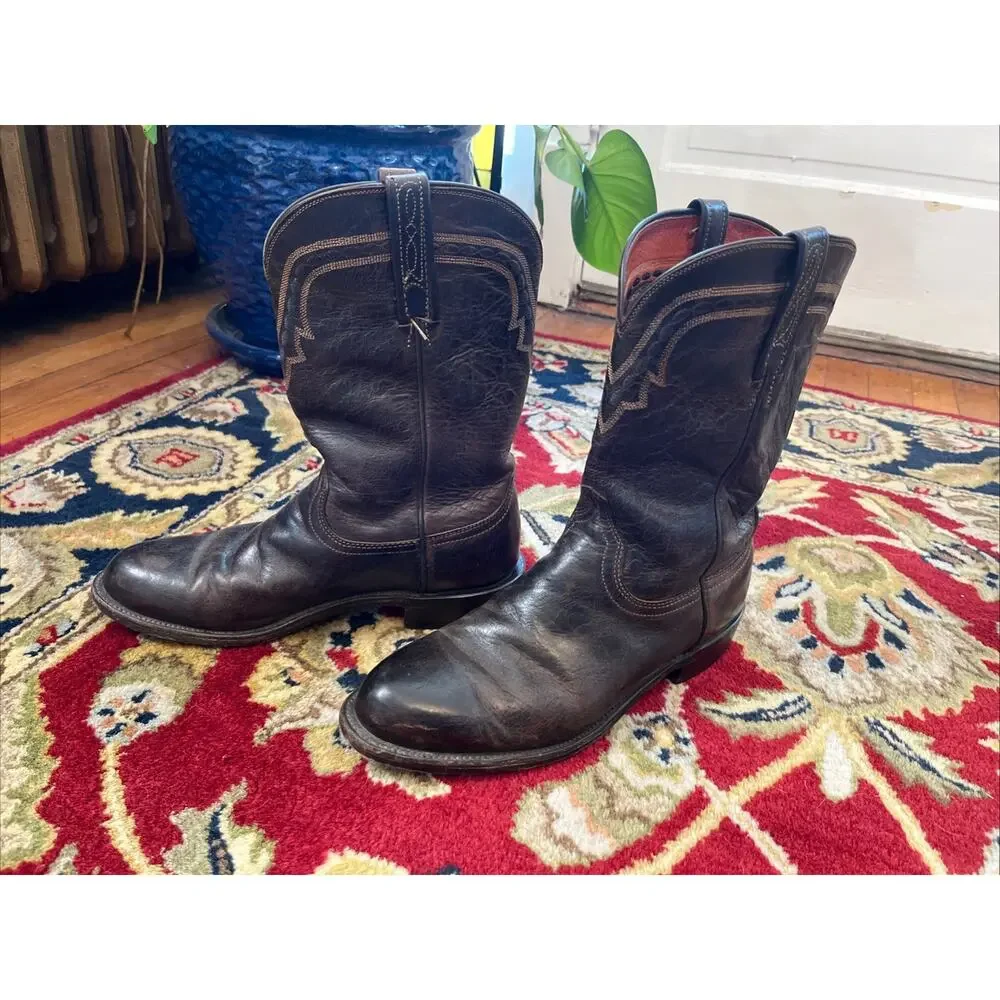 Vintage Lucchese 2000 Classic Western Boots 8 Brown Leather Mens Cowboy Western